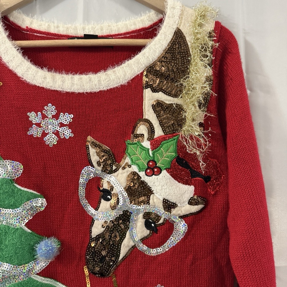 Ugly Christmas Tree 3D Sweater Womens M Giraffe Sequins‎ Pom Poms Fuzzy Tinsel